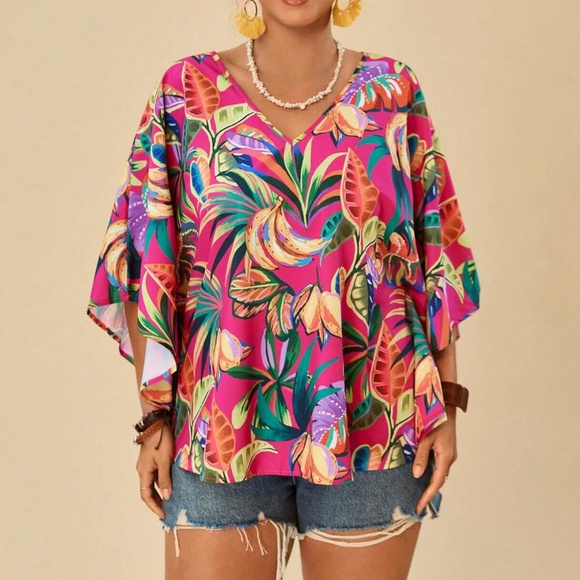 Plus Tropical Leaves Print V neck Butterfly Sleeve Blouse - Picture 3 of 4